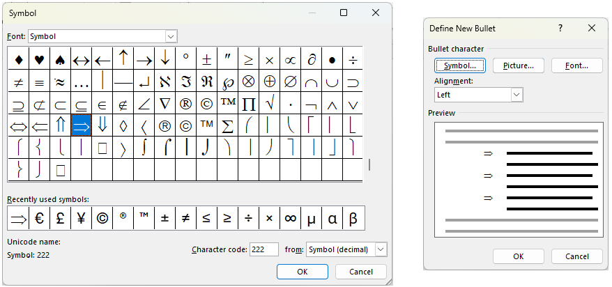 Custom bullet selection in Word